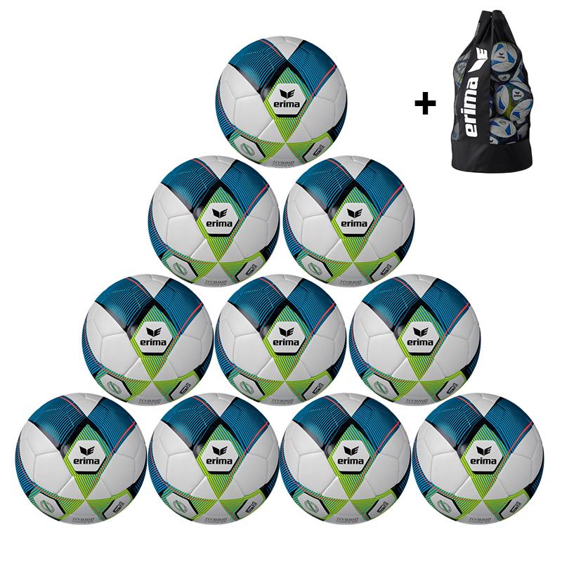 10x Erima Hybrid Training 2.0 Fußball Gr.5 + Ballsack - weiß/blau/grün