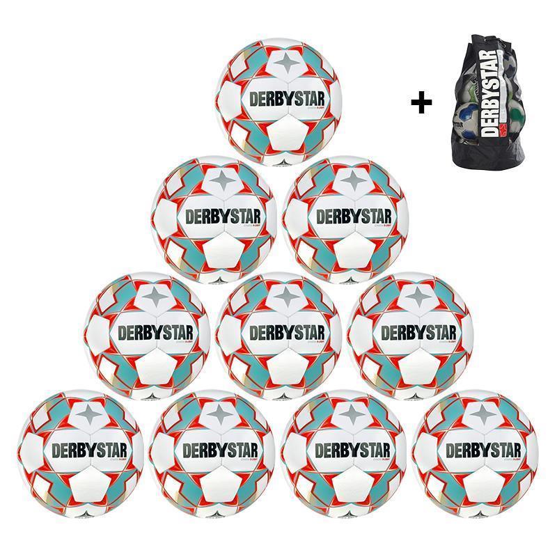 10x Derbystar Stratos S-Light v23 Fußball + Ballsack - weiß/blau/orange