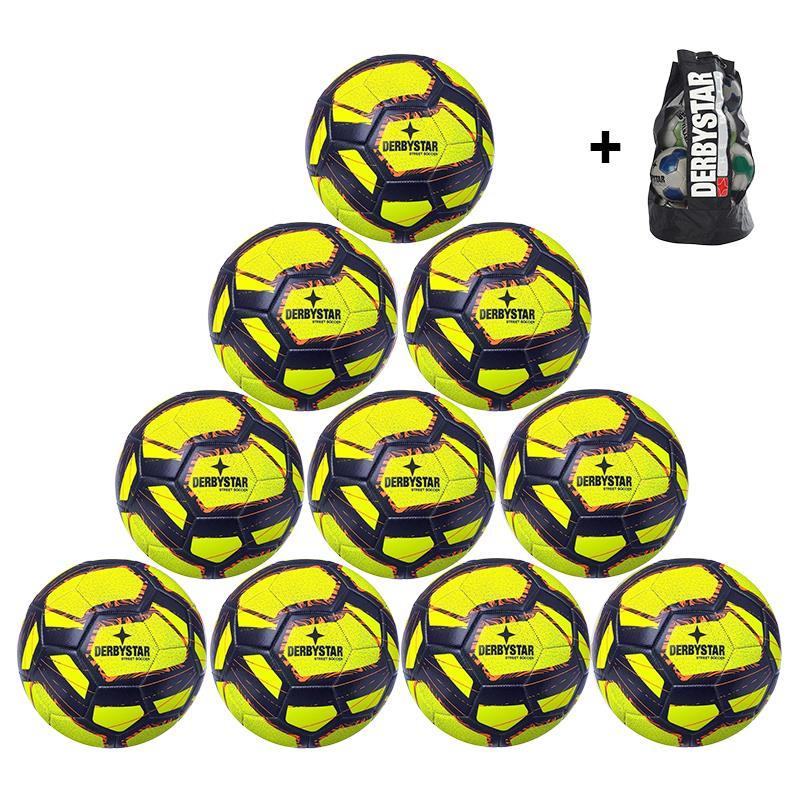 10x Derbystar Street Soccer Fußball + Ballsack - gelb/blau/orange