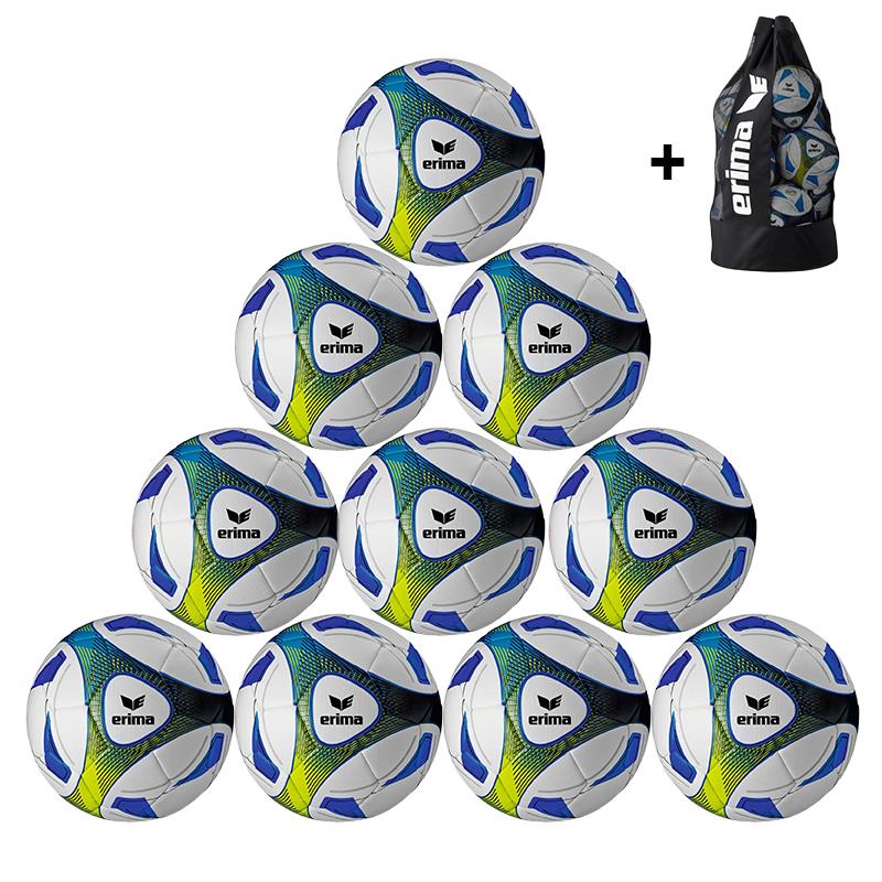 10x Erima Hybrid Training Fußball Gr.5 + Ballsack - weiß/blau/gelb