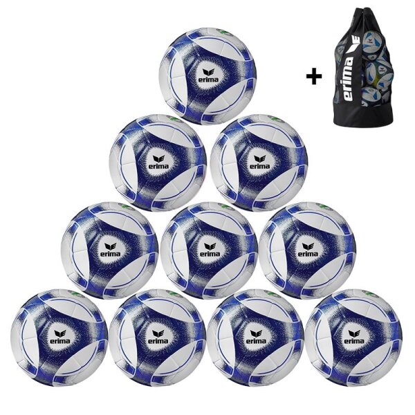 10x Erima Fußball Hybrid Training 2.0 Gr. 5 + Ballsack - weiß/blau