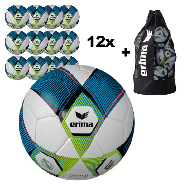 12x Erima Fußball Hybrid Training 2.0 Gr.5 + Ballsack - blau